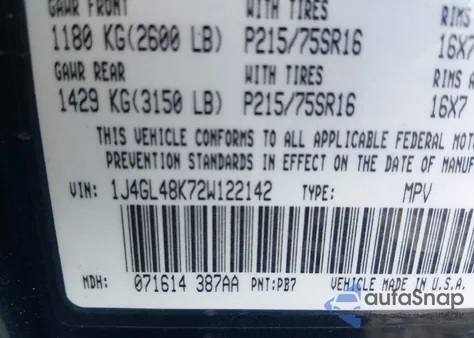 2002 Jeep Liberty Sport из США, поврежденный, VIN 1J4GL48K72W122142